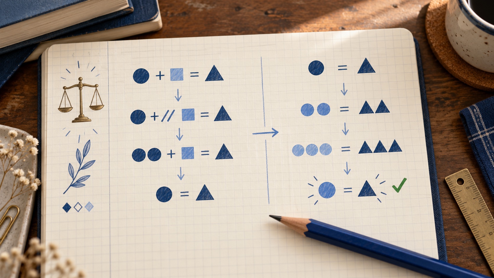 A graph-paper notebook using shapes and a balance sketch to show two sides matching